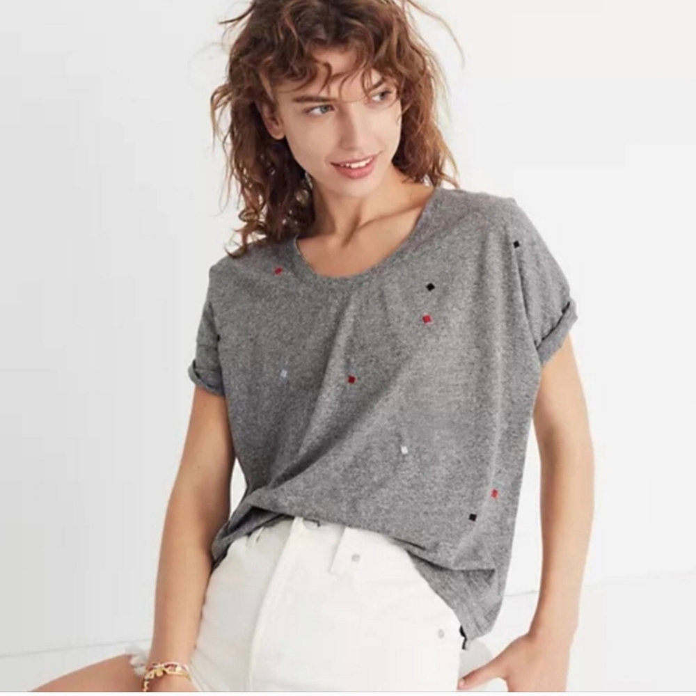 Madewell Embroidered U-Neck Tee Gray Oversized Slouchy Relaxed Fit Size S#0016